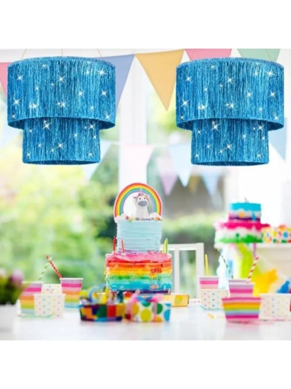 Iridescent Tinsel Chandelier Foil Tassels - 2 Tier Disco Ball Ceiling Decor
